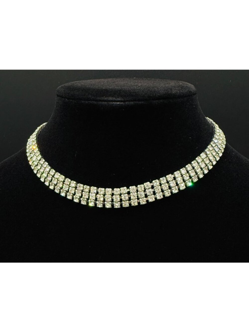 Vintage 1950s-1960s Clear Rhinestone Choker Necklace With Triple Row Design